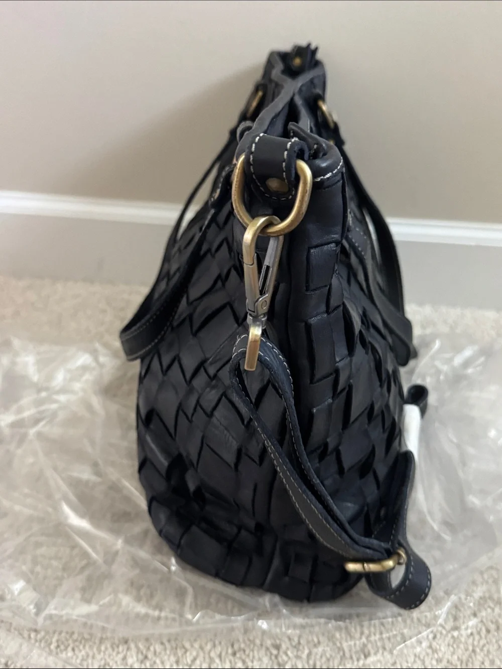 Sundance navy woven leather satchel with removable shoulder strap. NWT